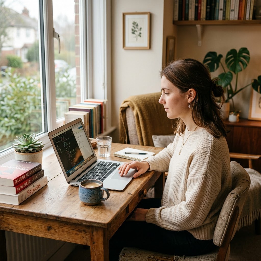 Person working on laptop from home earning extra income